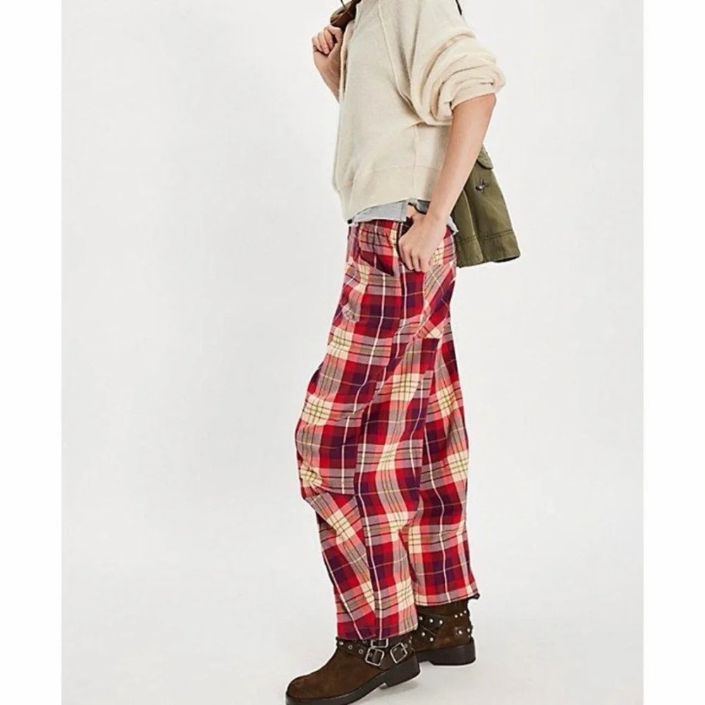 NWT Free People Nice Choice Pull-On Pant Wine combo lantern plaid Medium - Picture 5 of 11